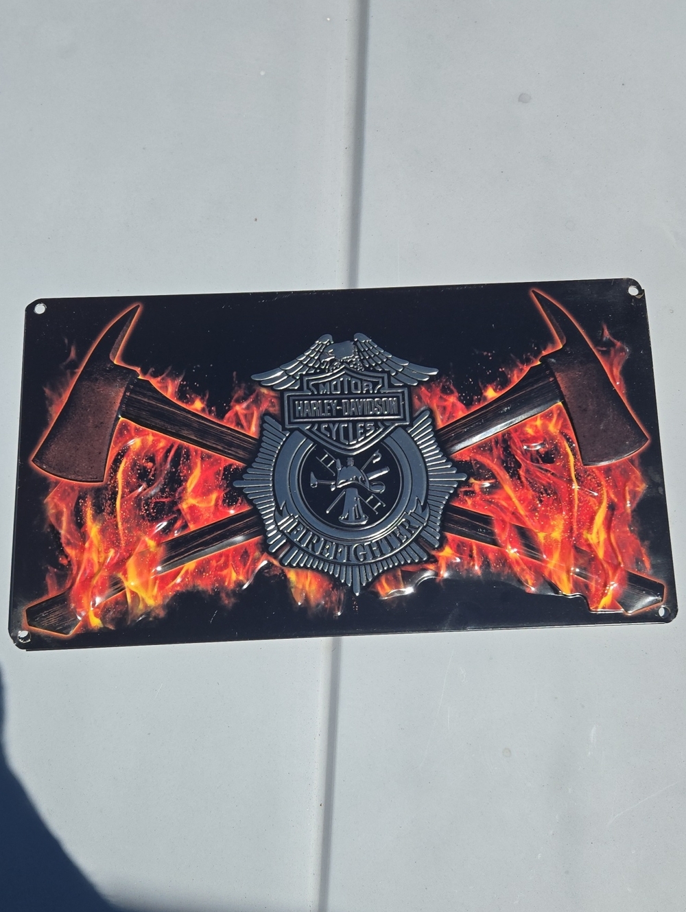 Harley-Davidson Black and Orange Flame Axe Emblem Metal Sign